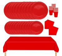 MORAINJAY 69Pcs Party Tableware Set,Red Dinnerware Set with Plates,Tablecloth,Napkins,Cups,Solid Color Table Decorations for Birthday,Wedding,Picnic,Baby Shower,Party Supplies for 16 Guests