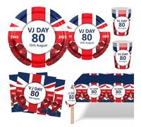 MORAINJAY 69Pcs VJ Day 80th Anniversary Party Tableware, VJ Day 2025 Decorations with Paper Plates, Cups, Napkins, WW2 Victory over Japan 1945-2025 Celebration Supplies for Commemorative Party