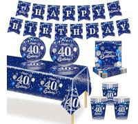 MORAINJAY 70P 40th Birthday Tableware Navy Blue,40th Birthday Cups Plates Napkins Tablecloth Paper Banner,40th Birthday Table Decoration Set for Men Women 40th Birthday Party Supplies(16 Guests)