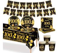 MORAINJAY 70pc 100th Birthday Tableware Black Gold, 100th Birthday Cups, Plates, Napkins, Tablecloth, Paper Banner - 16 Guests