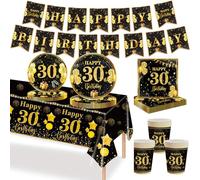 MORAINJAY 70pc 30th Birthday Tableware - Black Gold, Cups Plates Napkins Tablecloth Paper Banner, Table Decoration Set for 16 Guests