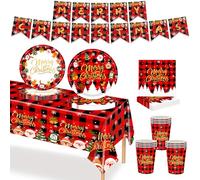 MORAINJAY 70Pcs Christmas Paper Party Tableware Set,Xmas Santa Snowman Print Table Decoration with Paper Cups,Banner,Tablecloth,Paper Plates and Napkins for Christmas Eve Home Party Favors Supplies