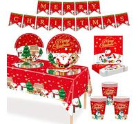 MORAINJAY 70Pcs Christmas Paper Party Tableware Set,Xmas Santa Snowman Print Table Decoration with Paper Cups,Banner,Plates and Napkins for Christmas Eve Home Party Favors Supplies