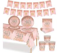 MORAINJAY 70Pcs Rose Gold 30th Birthday Tableware Set, 30th Cups Plates Napkins Paper Banner, for Men Women 30th Birthday Party Supplies(16 Guests)