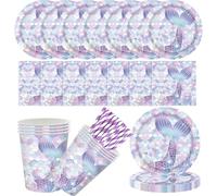MORAINJAY 84P Purple Mermaid Party Tableware Set for Girls,Mermaid Themed Birthday Table Decorations with Plates,Cups,Napkins, Paper Straw, Dinnerware Set for Kids Birthday Party Supplies 16 Guests