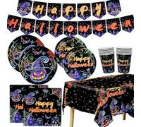 MORAINJAY 85P Neon Halloween Party Tableware Set,Glow Happy Halloween Party Dinnerware Set with Tablecloth,Plates,Napkins,Cups,Banners for Table Decors,Party Supplies for 16 Guests