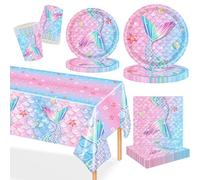 MORAINJAY 97Pcs Mermaid Party Tableware Set, Little Mermaid Ariel Themed Dinnerware, 24 Guests (24 x 9” Plates, 7” Cups, Napkins)