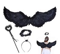 MORAINJAY Angel Wings with Halo and Fairy Wand,80x35cm Dark Angel Costume Fancy Dress for Women,Feather Wings Angel for Girls Carnival Themed Party,Halloween Christmas Fallen Angel Cosplay for Kids