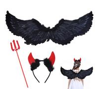 MORAINJAY Angel Wings with Halo and Fairy Wand,80x35cm Dark Devil Costume Fancy Dress for Women,Feather Wings Angel for Girls Carnival Themed Party,Halloween Christmas Fallen Angel Cosplay for Kids