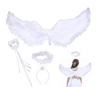 MORAINJAY Angel Wings with Halo and Fairy Wand,80x35cm White Angel Costume Fancy Dress for Women,Feather Wings Angel for Girls Carnival Themed Party,Halloween Christmas Fallen Angel Cosplay for Kids
