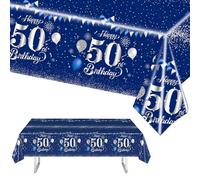 MORAINJAY Birthday Tablecloth for 50, Navy Blue Silver Table Cloth for 50th, 137x274cm Rectangular Waterproof Tablecloth for Men, Women, Birthday Party Supplies