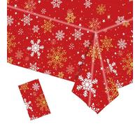 MORAINJAY Christmas Tablecloth,137x274cm Large Xmas Snowflake Red Table Cloth,Rectangle Waterproof Plastic Party Table Cover for Christmas Party Dinner,Winter Holiday,Christmas Table Decorations