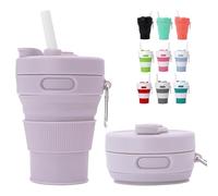 MORAINJAY Collapsible Coffee Cup with Lids,15oz/450ml Purple Silicone Portable Reusable Coffee Mug,Foldable Camping Travel Cup Fits in Your Pocket(Collapses to 6cm)