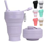 MORAINJAY Collapsible Coffee Cup with Lids,20oz/600ml Purple Silicone Portable Reusable Coffee Mug,Foldable Camping Travel Cup Fits in Your Pocket(Collapses to 7cm)