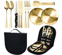 MORAINJAY Gold Camping Cutlery Set for 2 Person,10P Portable Tableware Set for Hiking,Food-Grade Stainless Steel Picnic Utensils Set with Spoons Forks Knife Clip Plate,Case with Zipper