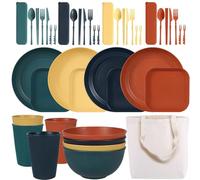 MORAINJAY Unbreakable Dinner Set for 4,Camping Plates Bowls Cups Cutlery Lightweight Dinnerware Set with Storage Bag,Microwave&Dishwasher Safe,Outdoor Picnic,RV,Camping Essentials(Colourful)