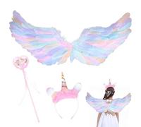 MORAINJAY Unicorn Angel Wings with Halo and Fairy Wand,80x35cm Angel Costume Fancy Dress for Women,Feather Wings Angel for Girls Carnival Themed Party,Halloween Christmas Fallen Angel Cosplay for Kids