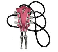Moranse Bolo Tie With Guitar Music Lover Design Cowboy and Genuine Cowhide Rope, Pink, Medium