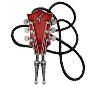 Moranse Bolo Tie With Guitar Music Lover Design Cowboy and Genuine Cowhide Rope, Red 2, Medium