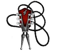 Moranse Bolo Tie With Guitar Music Lover Design Cowboy and Genuine Cowhide Rope, Red, Medium