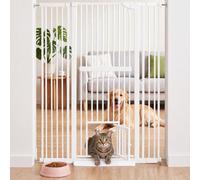MoraRise 150cm Extra Tall Pet Gate with Small Cat Door, 75-116cm Wide, No Drilling Pressure Mounted for Cats and Dogs, Indoor Easy Walk Through Metal Gate for Doorways, Living Room,White