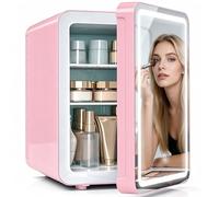MoraRise 16L Mini Fridge for Bedrooms, Portable Cooler & Warmer Skincare Fridge with LED Mirror, AC/DC Compact Makeup Beauty Fridge for Food, Car, Home, Office, Drinks, Cosmetic (Pink, 16L)