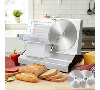 MoraRise Electric Meat Slicer Machine, 250W Professional Deli Food Slicer with 2 x 22cm Large Stainless Steel Blades, 0-20mm Adjustable Meat Cheese Bread Cutter for Large Joints & Charcuterie (Silver)