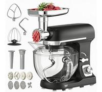 MoraRise Stand Mixer with Meat Grinder, 1400W Electric Kitchen Mixer for Baking, 5.5L Glass Bowl Food Mixer, Dough Mixer with 6 Speeds & Pulse, Includes Dough Hook, Whisk, Beater & Sausage Maker