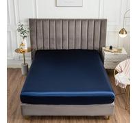 Morbuy 140x190 Fitted Sheet Satin Silk Bed Sheets, Navy Blue Fitted Sheets Deep Pocket 30 cm, Easy Care Ultra Soft Silky Fitted Bedsheets Good for Skin & Hair