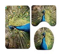 Morbuy 3 Pieces Polyester Non Slip Bathroom Mat Sets Bath Mat + Pedestal Mat + Toilet Seat Cover Mat, Home Decor - Animal Print (Peacock)