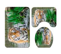 Morbuy 3 Pieces Polyester Non Slip Bathroom Mat Sets Bath Mat + Pedestal Mat + Toilet Seat Cover Mat, Home Decor - Animal World 3D Print (Tiger)