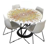 Morbuy 3D Fitted Round Tablecloth for Circular Table, Mandala Round Table Cloths Waterproof Wipeable Stain Resistant Table Cover for Kitchen Garden Party (Golden white,Diameter 100cm)