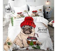 Morbuy 3D Pug Duvet Cover Set for Single Double King Bed, Dog Printed Bedding Sets Boy Girl Bedroom Microfiber Duvet Set Quilt Case with Pillowcases (200x200cm,Christmas Pug)