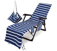 Morbuy Beach Chair Cover, Solid color Striped Lounger Bags with Pockets Sunbed Towels Fitted Microfiber Sun Lounger Towels for Summer Outdoor Pool Vacation Travel (dark blue)