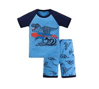 Morbuy Boys Pyjamas Summer 2 Pieces Kids Pjs Cartoons Print 100% Cotton Toddler Girl Outfits Sleepwear with Short Sleeve Shirts and Shorts for 3-8 Years (Surfing Dinosaur,6T/115)