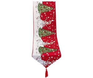 Morbuy Christmas Table Runners Printed Linen Table Lines for Xmas Holiday Season Home Table Tassels Christmas Decoration Party Holiday Decor (Make a snowman,33 * 180cm)