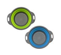 Morbuy Collapsible Colander Set,Foldable Colander Kitchen Silicone Strainer Set of 2 Silicone Drain Basket with Handle Vegetable Drainer Basket for Draining Pasta Fruit (Green + Blue,S 20x24.5cm)