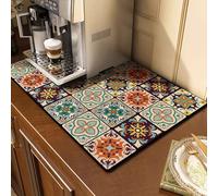 Morbuy Dish Drying Mat Kitchen, Coffee Mat Anti Slip Dish Drying Pad Absorbent Diatomaceous Earth for Coffee Machine Kitchen Counter Draining Sink -Red Blue Tile Pattern, 30 x 40cm