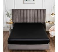 Morbuy Double Fitted Sheet Satin Silk Bed Sheets, Black Fitted Sheets Deep Pocket 30 cm, Easy Care Ultra Soft Silky Fitted Bedsheets Good for Skin & Hair
