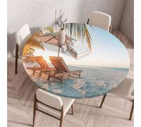 Morbuy Elastic Edged Round Fitted Tablecloth, 3D Sandy Beach Pattern Round Table Cover Party Wipe Clean Stain Resistant Waterproof Table Cloth Tablecloths (Sunlight A,Diameter 90cm)