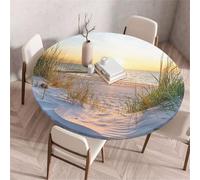 Morbuy Elastic Edged Round Fitted Tablecloth, 3D Sandy Beach Pattern Round Table Cover Party Wipe Clean Stain Resistant Waterproof Table Cloth Tablecloths (Green Grass A,Diameter 60cm)