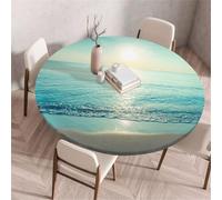 Morbuy Elastic Edged Round Fitted Tablecloth, 3D Sandy Beach Pattern Round Table Cover Party Wipe Clean Stain Resistant Waterproof Table Cloth Tablecloths (Seawater A,Diameter 120cm)