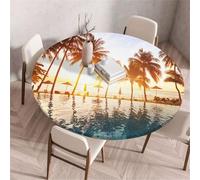 Morbuy Elastic Edged Round Fitted Tablecloth, 3D Sandy Beach Pattern Round Table Cover Party Wipe Clean Stain Resistant Waterproof Table Cloth Tablecloths (Coconut Tree A,Diameter 90cm)