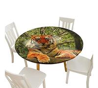 Morbuy Elastic Edged Round Tablecloth, 3D Tiger Print Table Cloths Waterproof Wipeable Stain Resistant Dust-Proof Table Cover for Kitchen Dinning Home Party (Brown Tiger,Diameter 120cm)