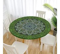 Morbuy Elastic Edged Round Tablecloth for Circular Table, 3D Waterproof Table Cloths Bohemia Stain Resistant Dust-Proof Wipeable Stretch Table Cover for Home Party Dinning (Green Mandala,90cm)