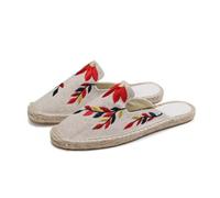Morbuy Espadrilles Women Flat Closed Toe Size 5-7.5, Slip-on Canvas Round Toe Espadrilles Women's Casual Comfort Breathable Ladies Flats Shoes Easy to Wear All Day, Embroidery Leaves (Red 2,6)