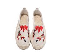 Morbuy Espadrilles Women Flat Closed Toe Size 5-7.5, Slip-on Canvas Round Toe Espadrilles Women's Casual Comfort Breathable Ladies Flats Shoes Easy to Wear All Day, Embroidery Leaves (Red,6.5)