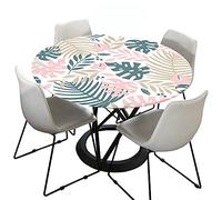 Morbuy Fitted Round Tablecloth for Circular Table, 3D Plant Round Table Cloths Waterproof Wipeable Stain Resistant Table Cover for Kitchen Garden Party (Pink leaves,Diameter 160cm)