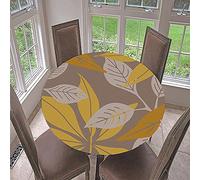 Morbuy Fitted Round Tablecloth for Circular Table, Leaves Round Table Cloths Waterproof Wipeable Stain Resistant Table Cover for Kitchen Garden Party (Mustard Yellow,Diameter 130cm)