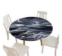 Morbuy Fitted Round Tablecloth for Circular Table, Ocean Waves Print Outdoor Table Cloth Waterproof Elastic Table Cloths Table Cover for Kitchen Dining Party (Crescent Moon,Diameter 170cm)